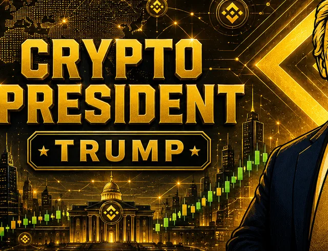 Gold Crypto President Trump wordmark above a golden capitol dome, city skyline and green candlestick chart.