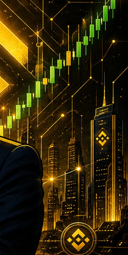 Rising green candlestick chart climbing across a black and gold BNB Chain backdrop.