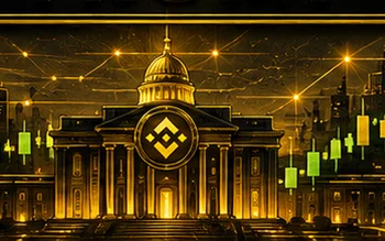 Golden capitol building with a BNB diamond on its pediment, flanked by green candlesticks and a gold city skyline.