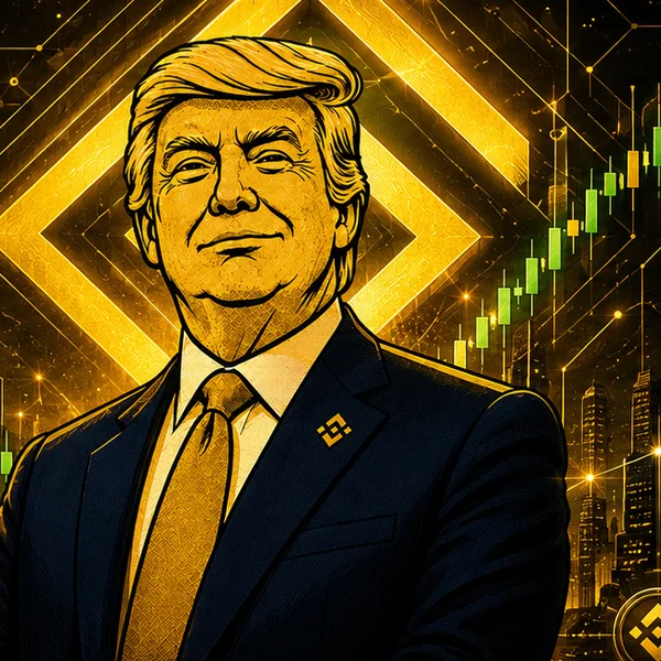 Crypto President character in a navy suit and gold tie with a BNB lapel pin, backed by a gold BNB diamond.